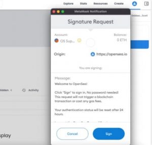 به OpenSea تمام مجوزهای لازم برای استفاده از کیف پول خود را بدهید و روی گزینه “Sign” کلیک کنید.